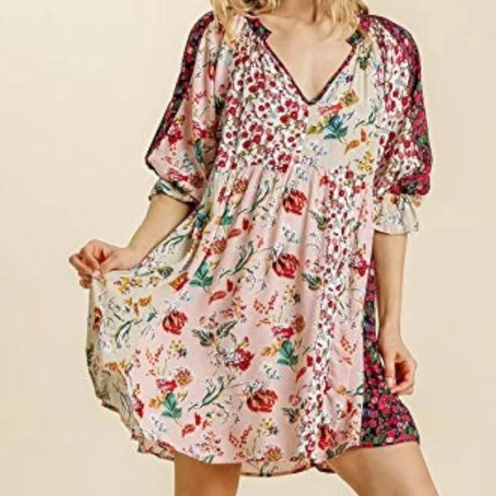Umgee | NWT | Boho Floral Patchwork Babydoll Dress | Size XL - Picture 3 of 4